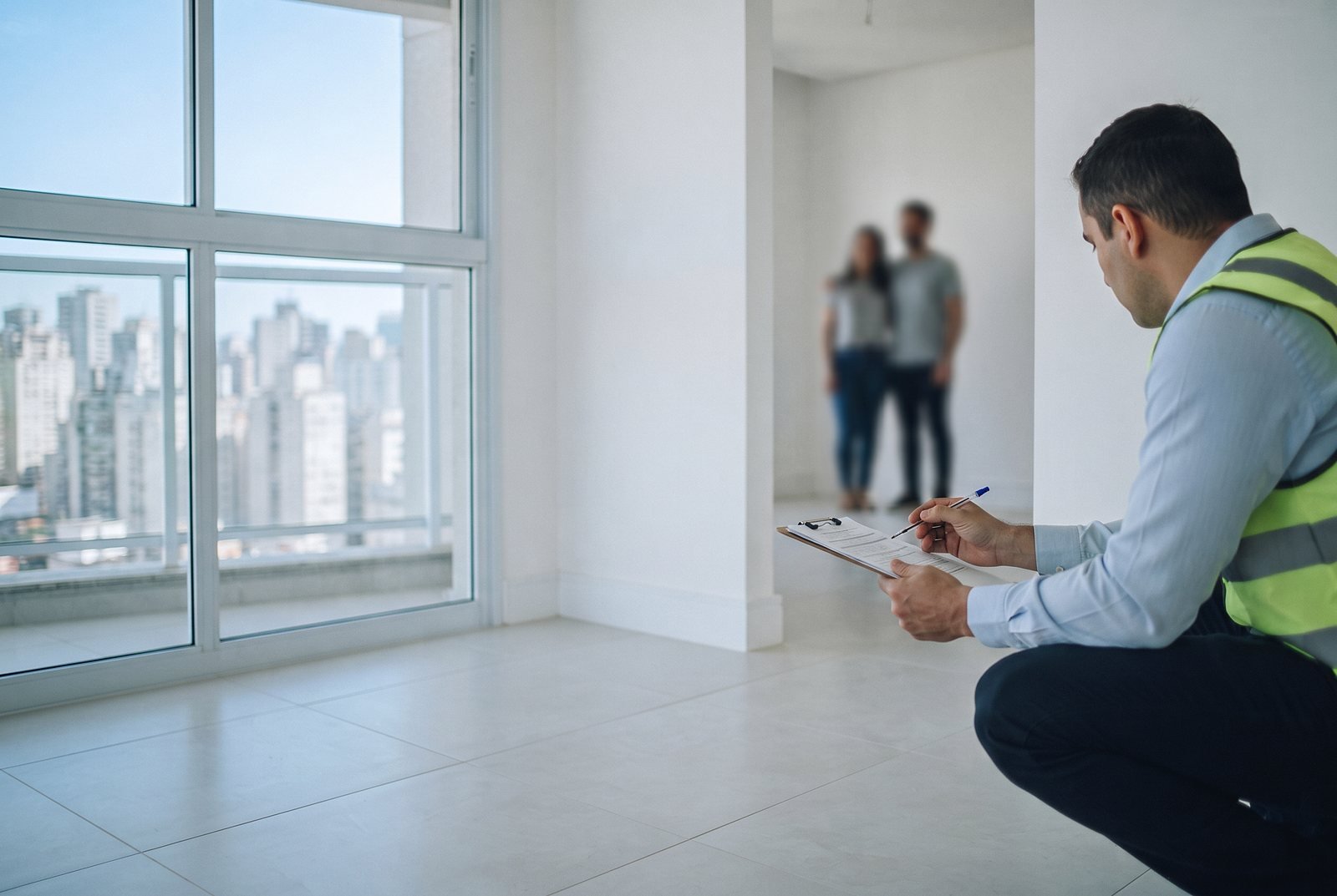 Vistoriador conferindo o acabamento de um apartamento novo antes da entrega