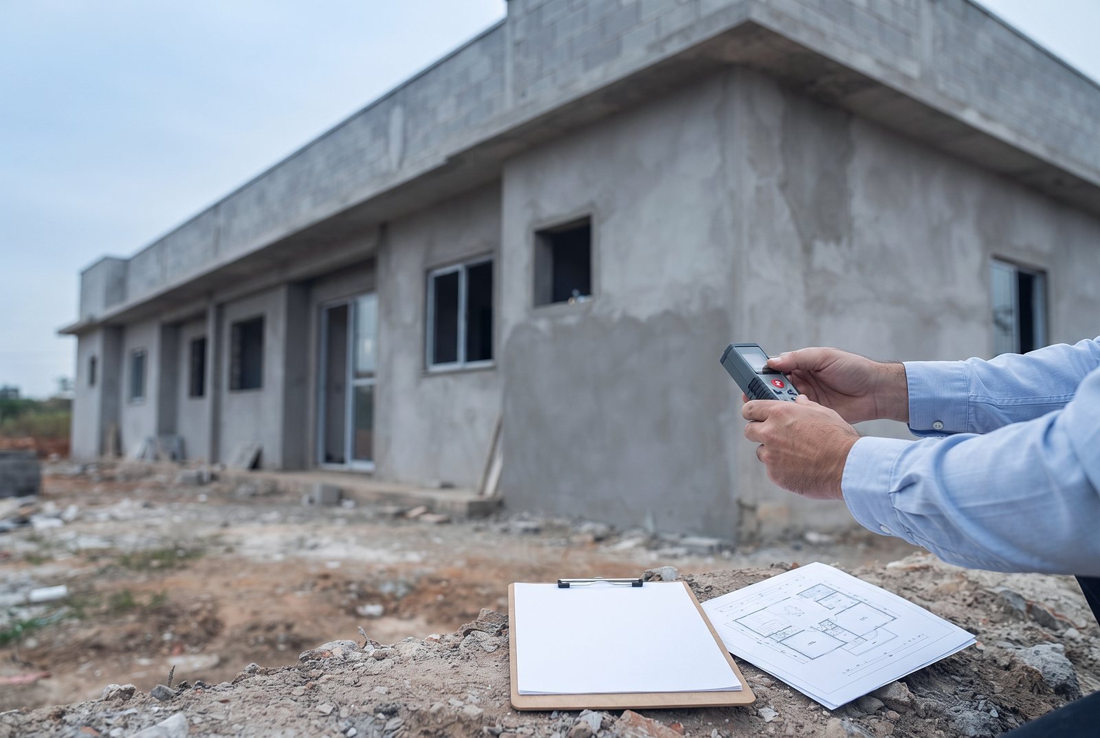 Obra em fase de acabamento sendo medida para levantamento de área construída