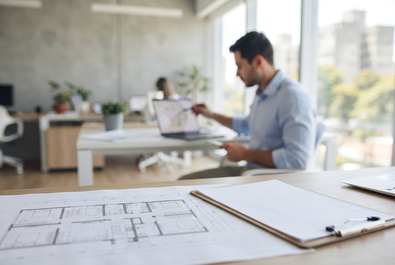 Planta de arquitetura sobre a mesa e profissional analisando projeto de obra financiada